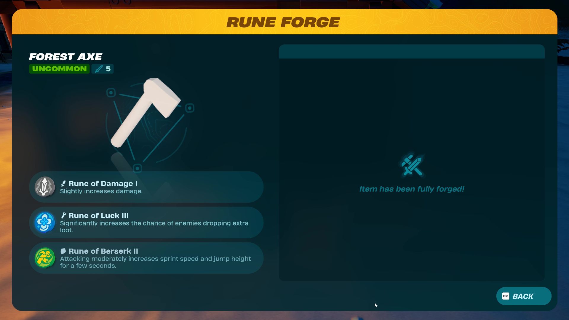 Screenshot showcasing how to upgrade weapons with a Rune in LEGO Fortnite 