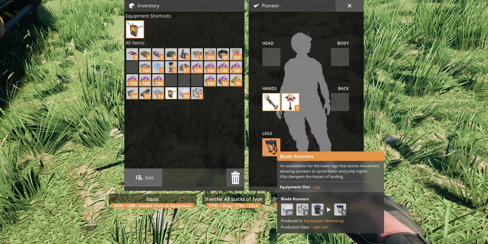 The player equipping Blade Runners in Satisfactory