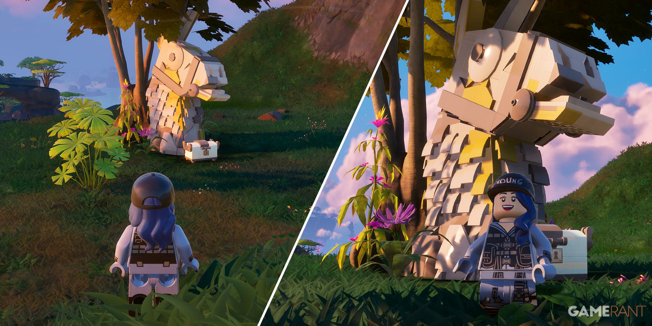 Split-image showcasing a Llama Island Head in LEGO Fortnite 