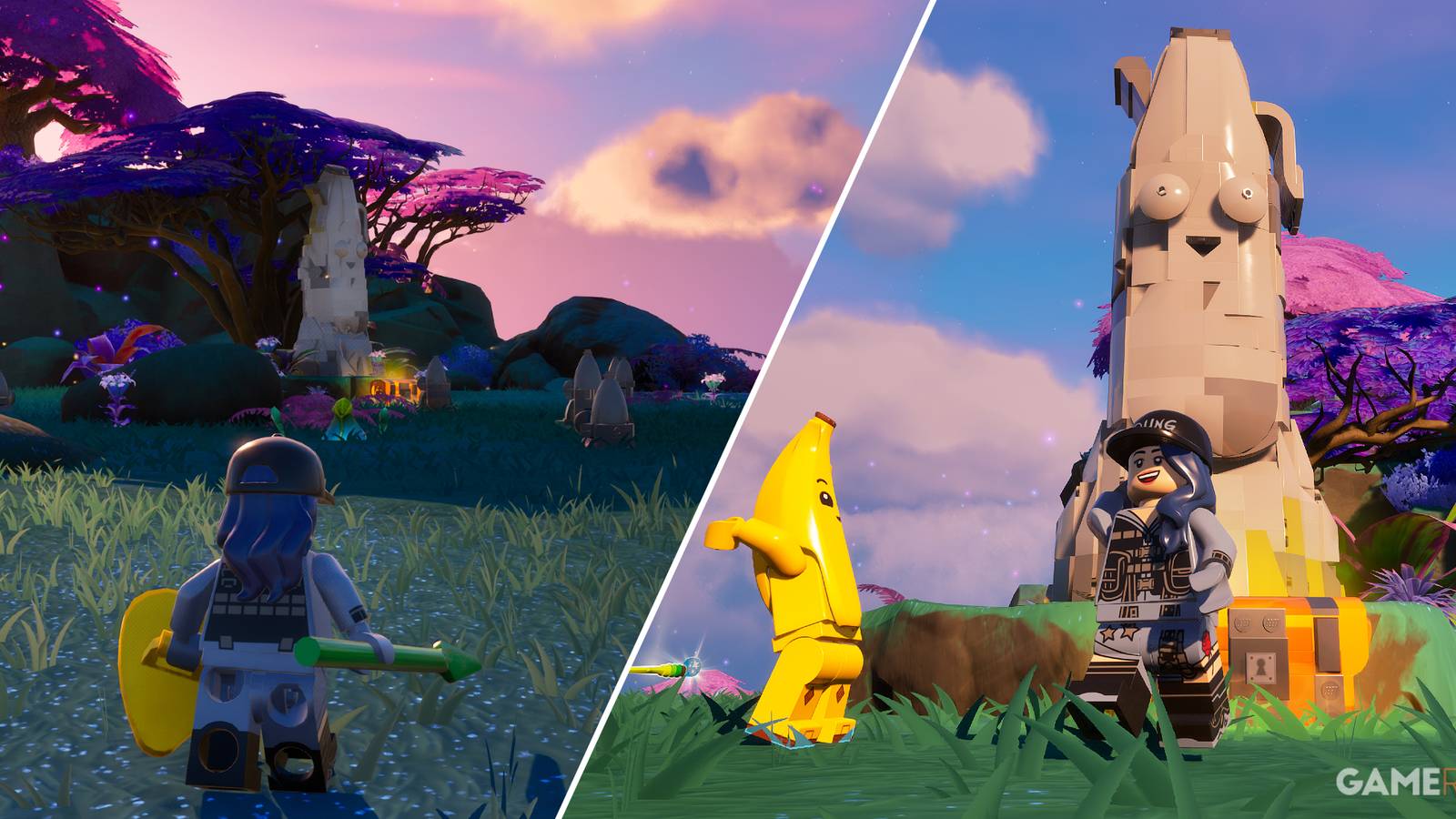 Split-image showcasing the Peely Island Head in LEGO Fortnite 
