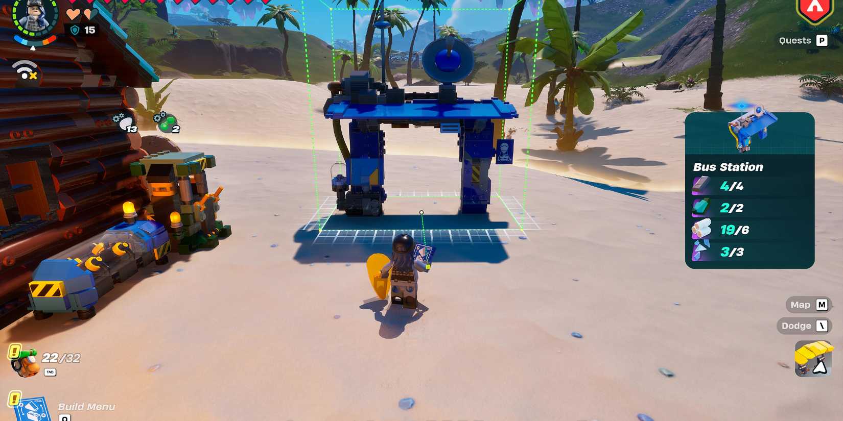 Screenshot showcasing how to build a Battle Bus Station in LEGO Fortnite 