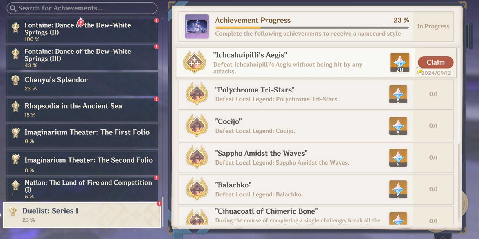 ichcahuipilli aegis achievements in genshin impact