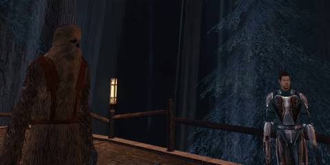 A wookie and a human in Star Wars Knights of the Old Republic