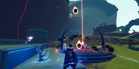 Captain fighting a bunch of wisps in Risk of Rain 2