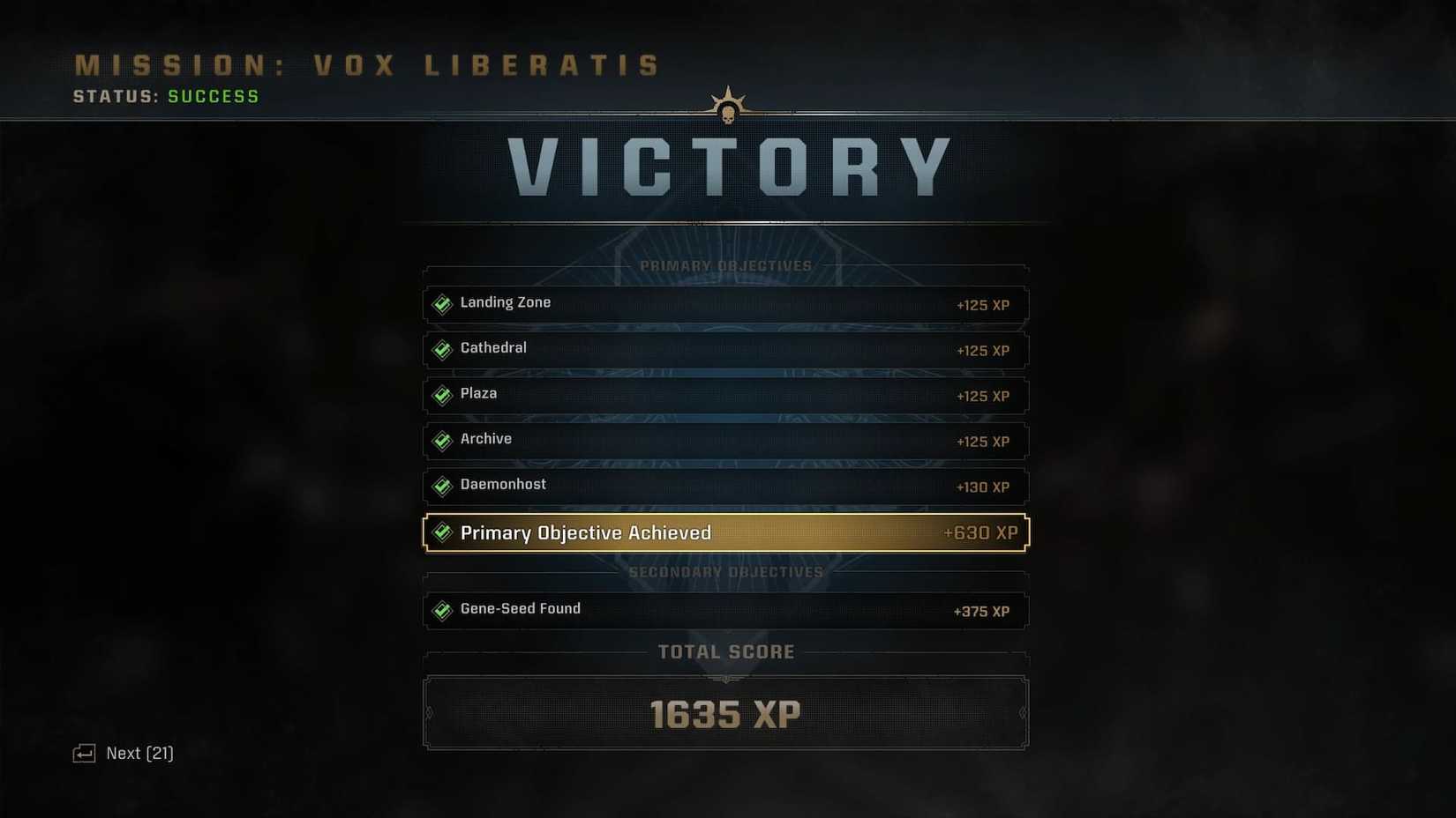Victory Screen with Gene Seed XP bonus in Space Marine 2