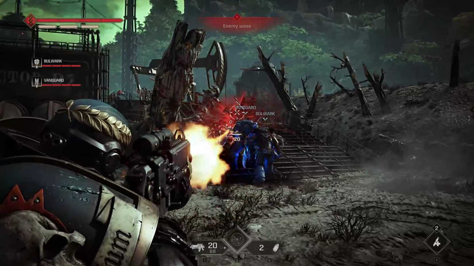 Firing a Bolt Rifle at a Tyranid Warrior in Space Marine 2