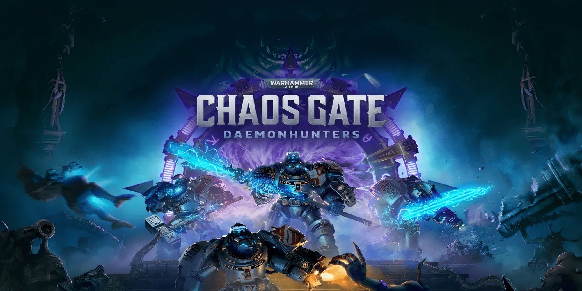 Grey knights in front of a warp gate underneath Warhammer 40,000: Chaos Gate - Daemonhunters logo