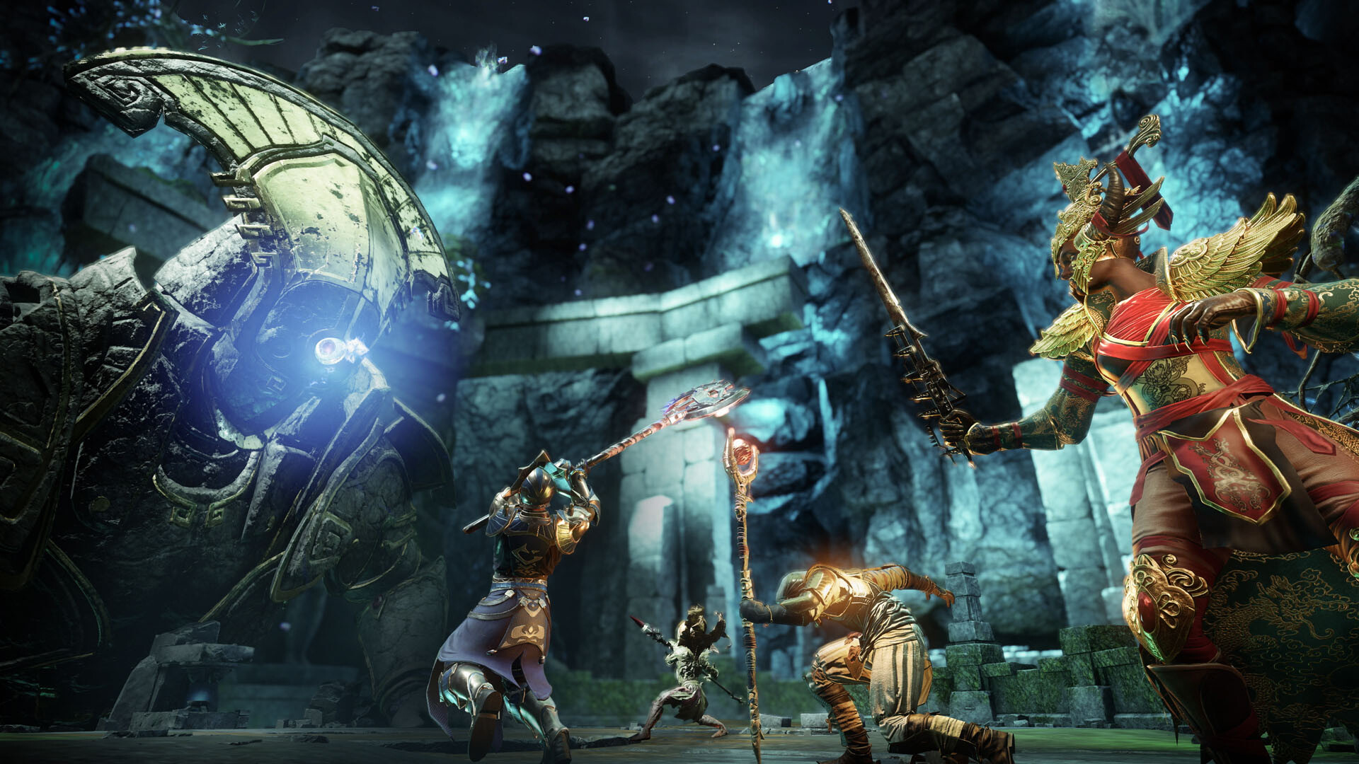 Players fighting in a dungeon in New World