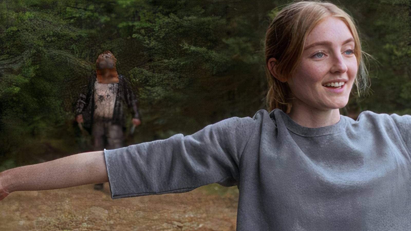 A woman standing in the woods with Johnny the villain behind her in A Violent Nature