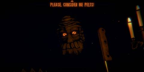 A disembodied head with glowing orange eyes demands pelts in Inscryption