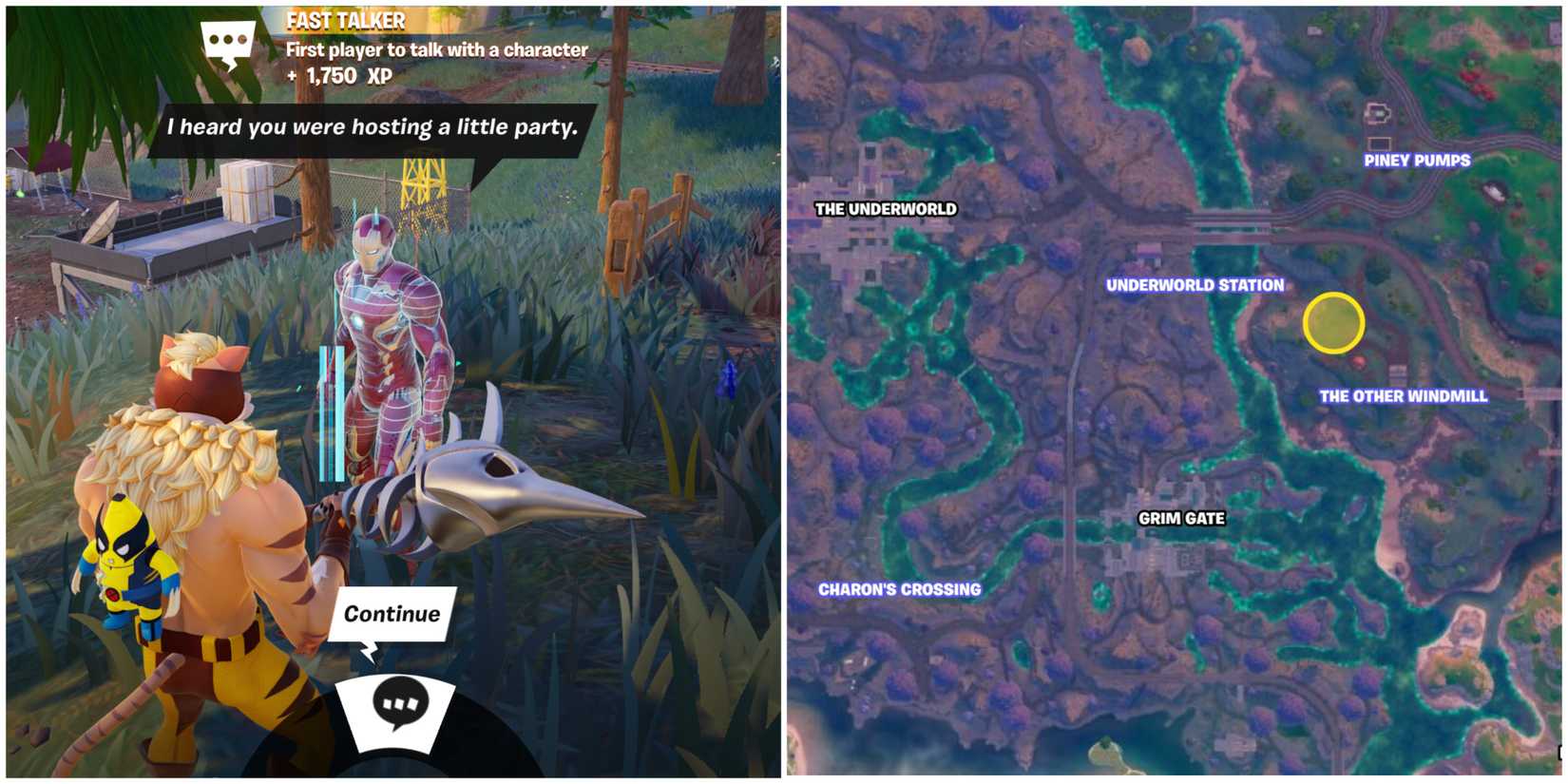 iron man npc in conversation and map displaying iron man's location