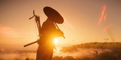 Ghost of Tsushima's Jin with the sunset in the background
