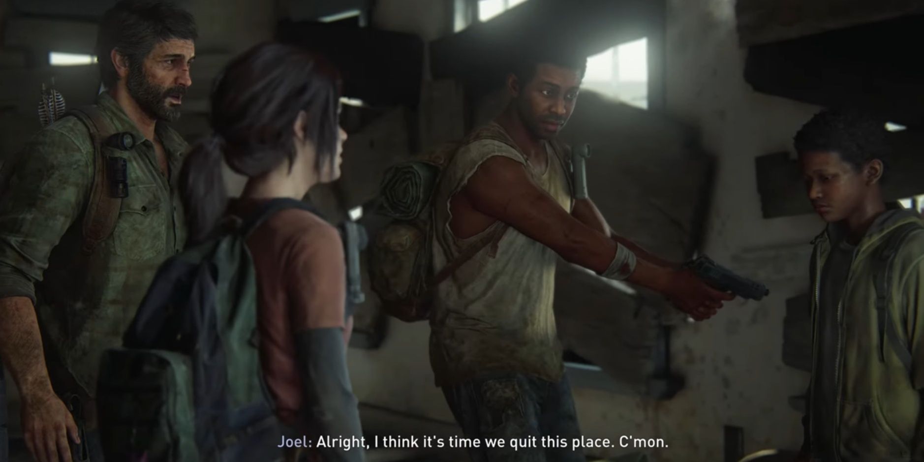 Joel talking to Ellie, Sam and Henry in The Last of Us Part 1, Chapter 6 Cropped