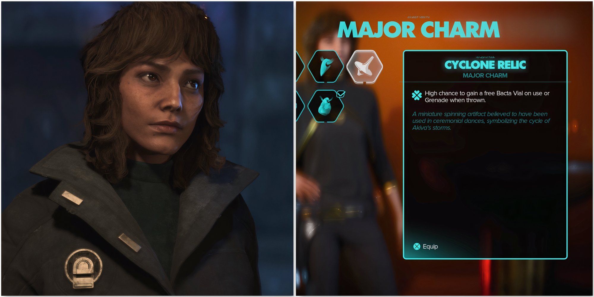 Kay and Cyclone Relic charm in Star Wars Outlaws