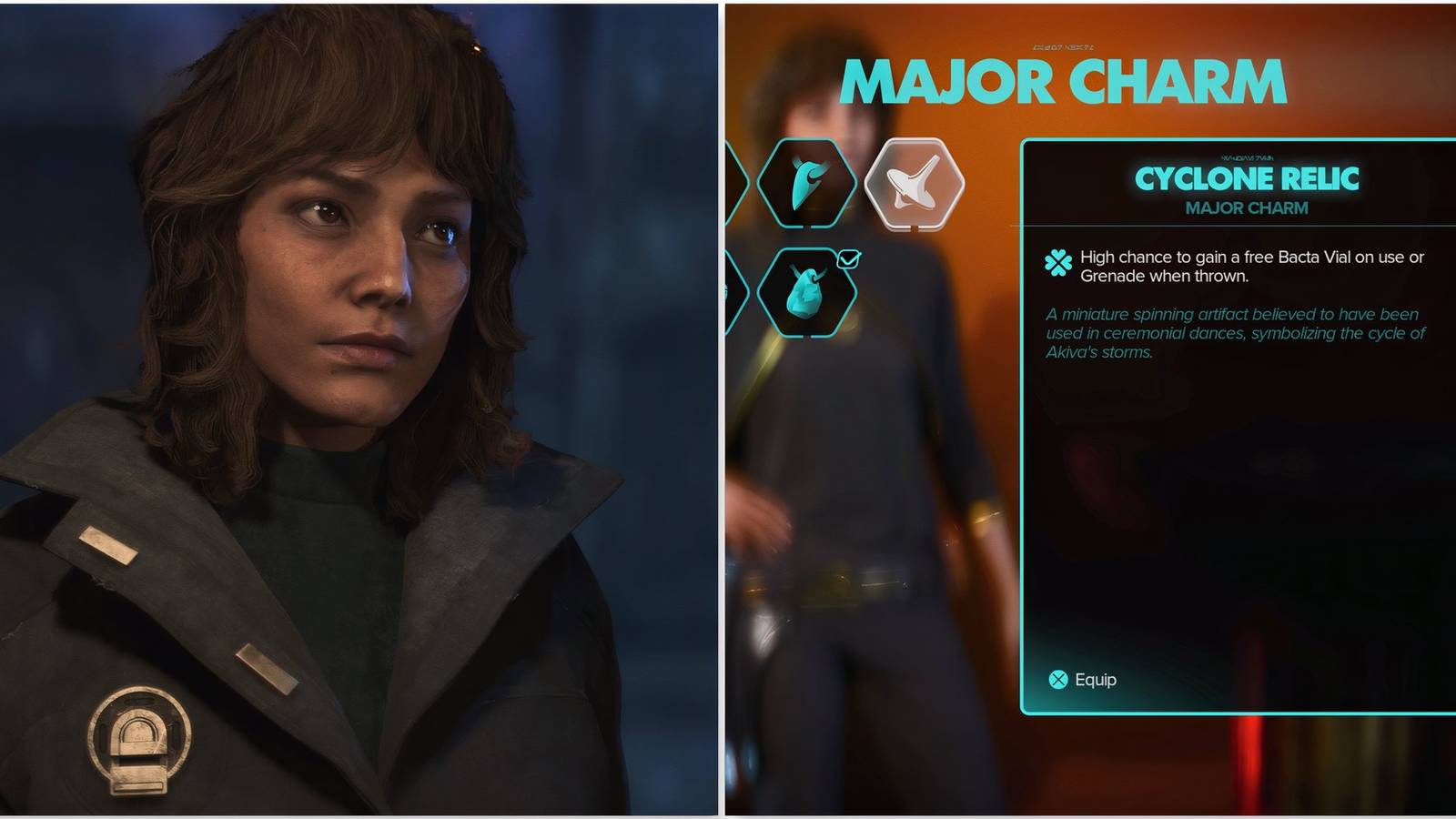 Kay and Cyclone Relic charm in Star Wars Outlaws