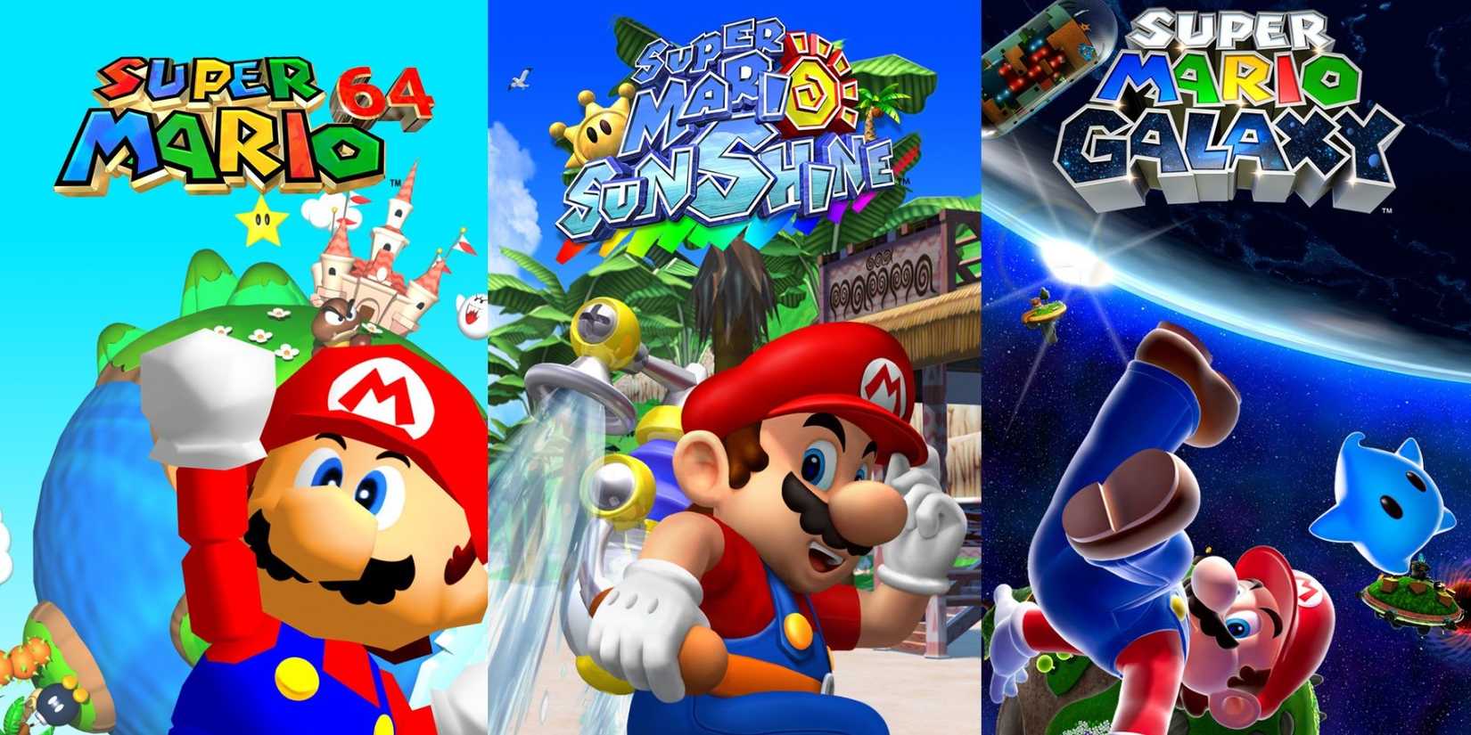 Key Art Showing Mario In His Mario 64, Mario Sunshine & Mario Galaxy Guises
