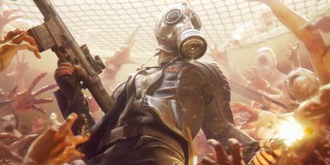 Killing Floor 2 Poster, man in gas mask fighting off horde of zeds.