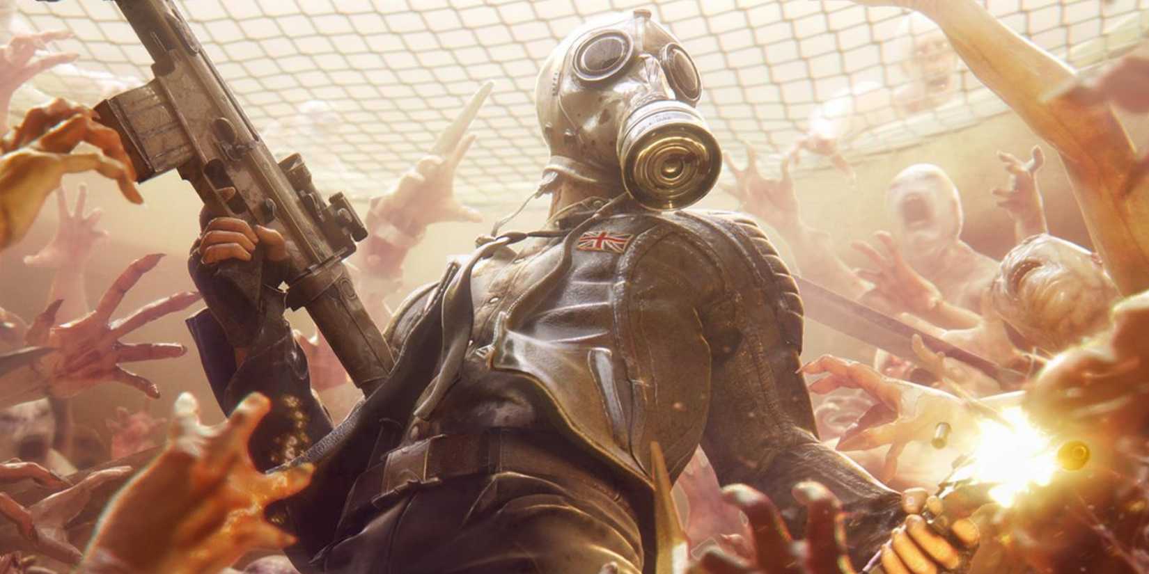 Killing Floor 2 Poster, man in gas mask fighting off horde of zeds.