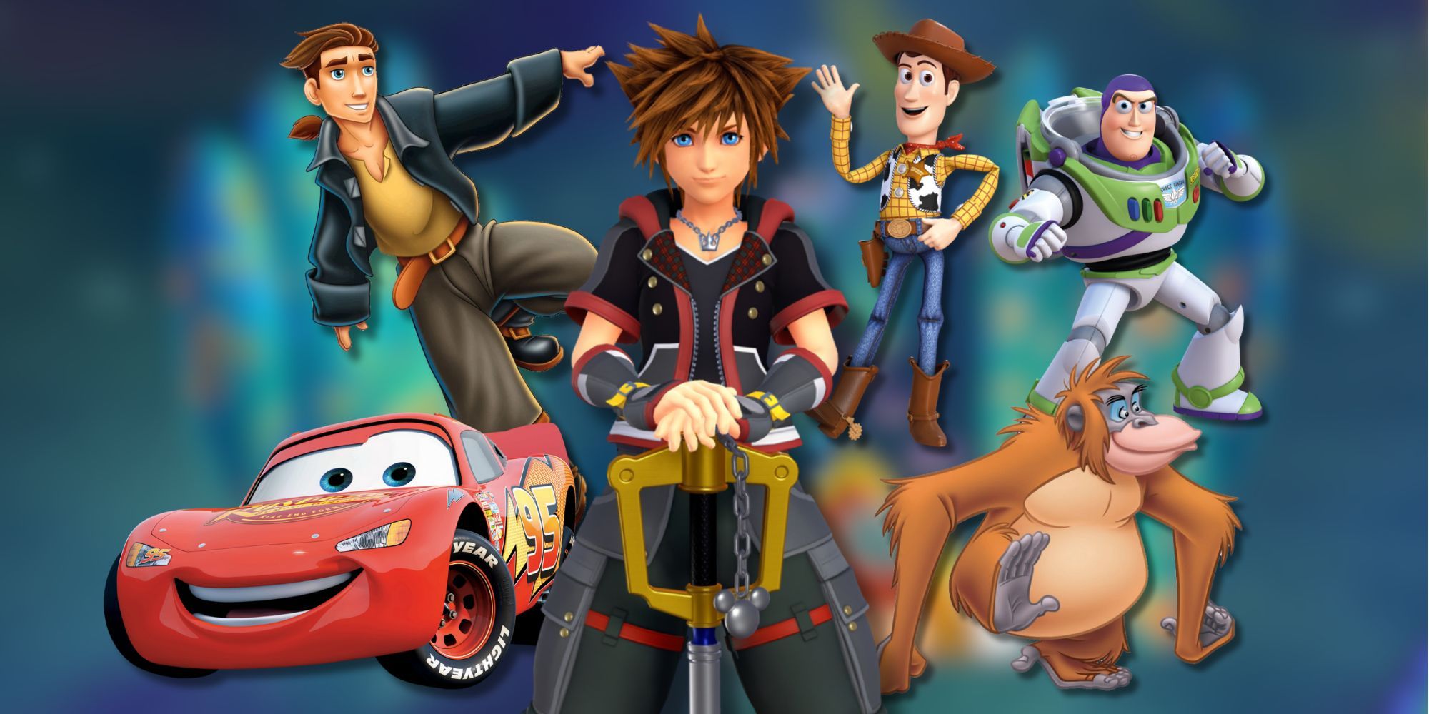 A collage of Sora with 4 Disney characters whose worlds were removed from the Kingdom Hearts series: Jim Hawkins from Treasure Planet, Lightning McQueen from Cars, Woody & Buzz from Toy Story and King Louie from Jungle Book.