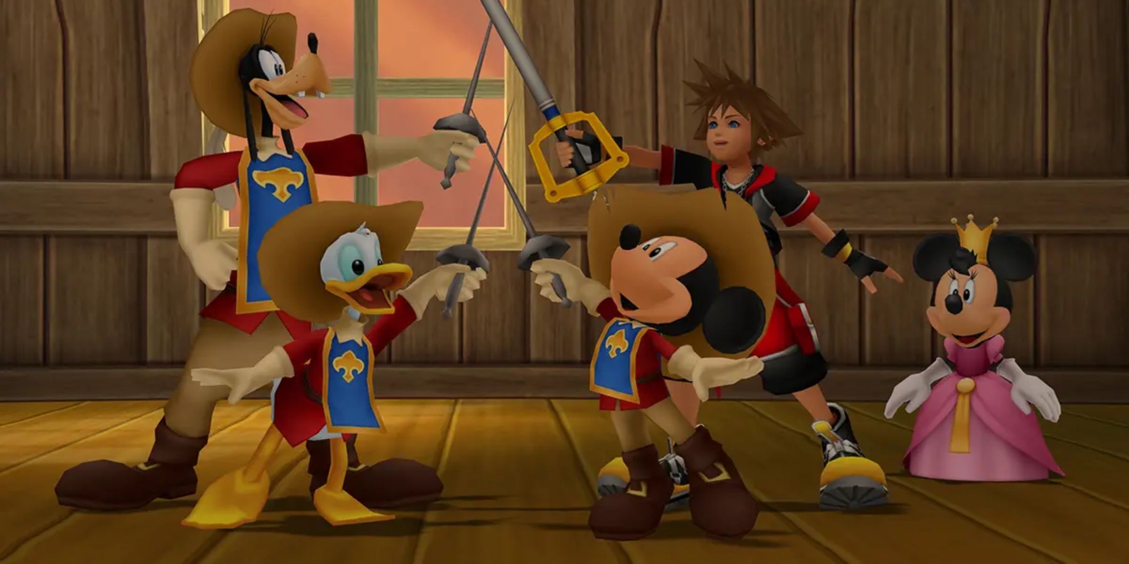 Kingdom Hearts Dream Drop Distance - Mickey, Donald, Goofy, and Sora joining swords in a circle with Minnie Mouse watching