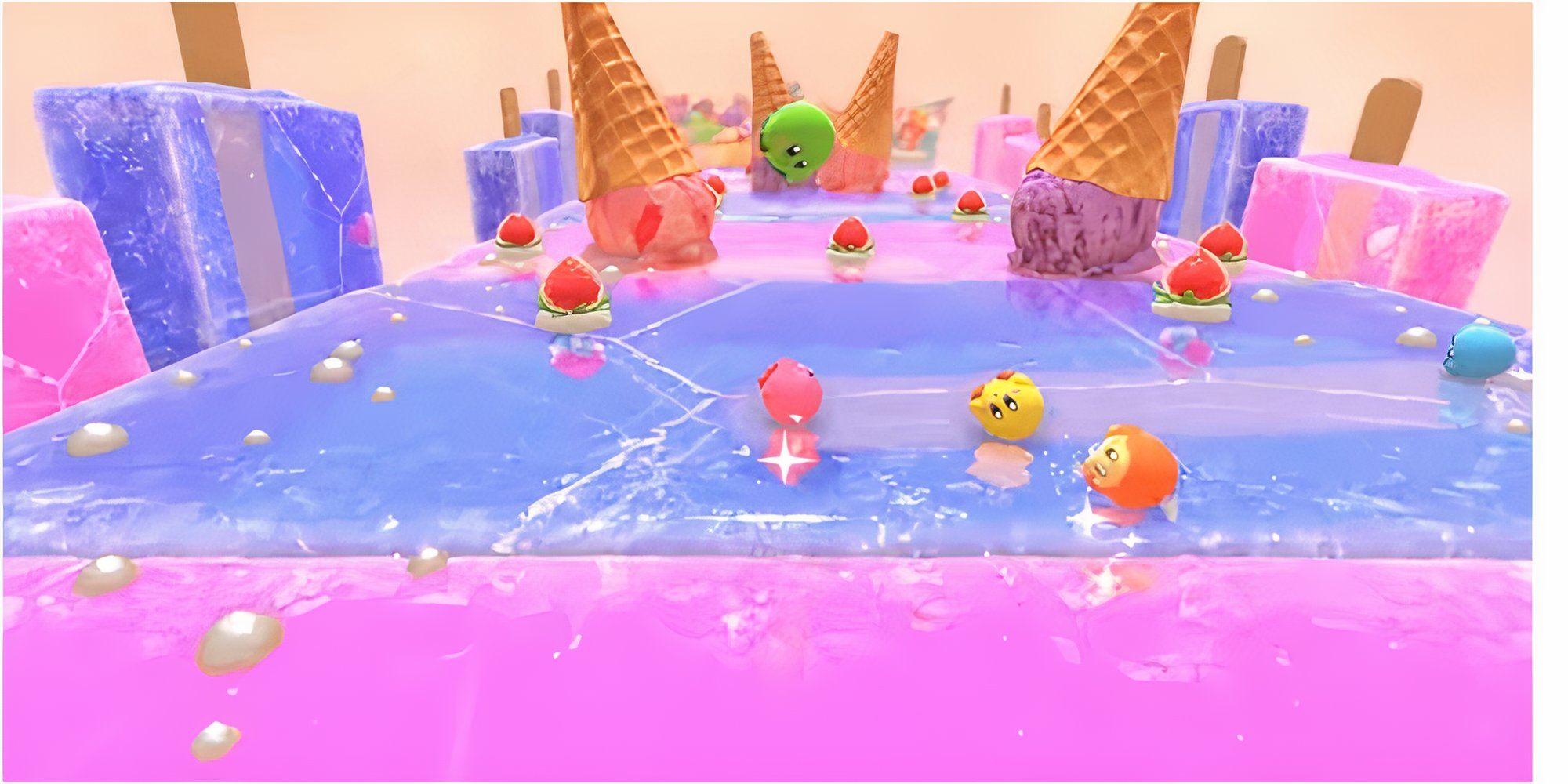 Kirby racing with other Kirbys on sweets