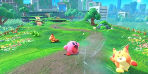 Kirby using his absorbing power on a nearby fox-like creature in Kirby and the Forgotten Land
