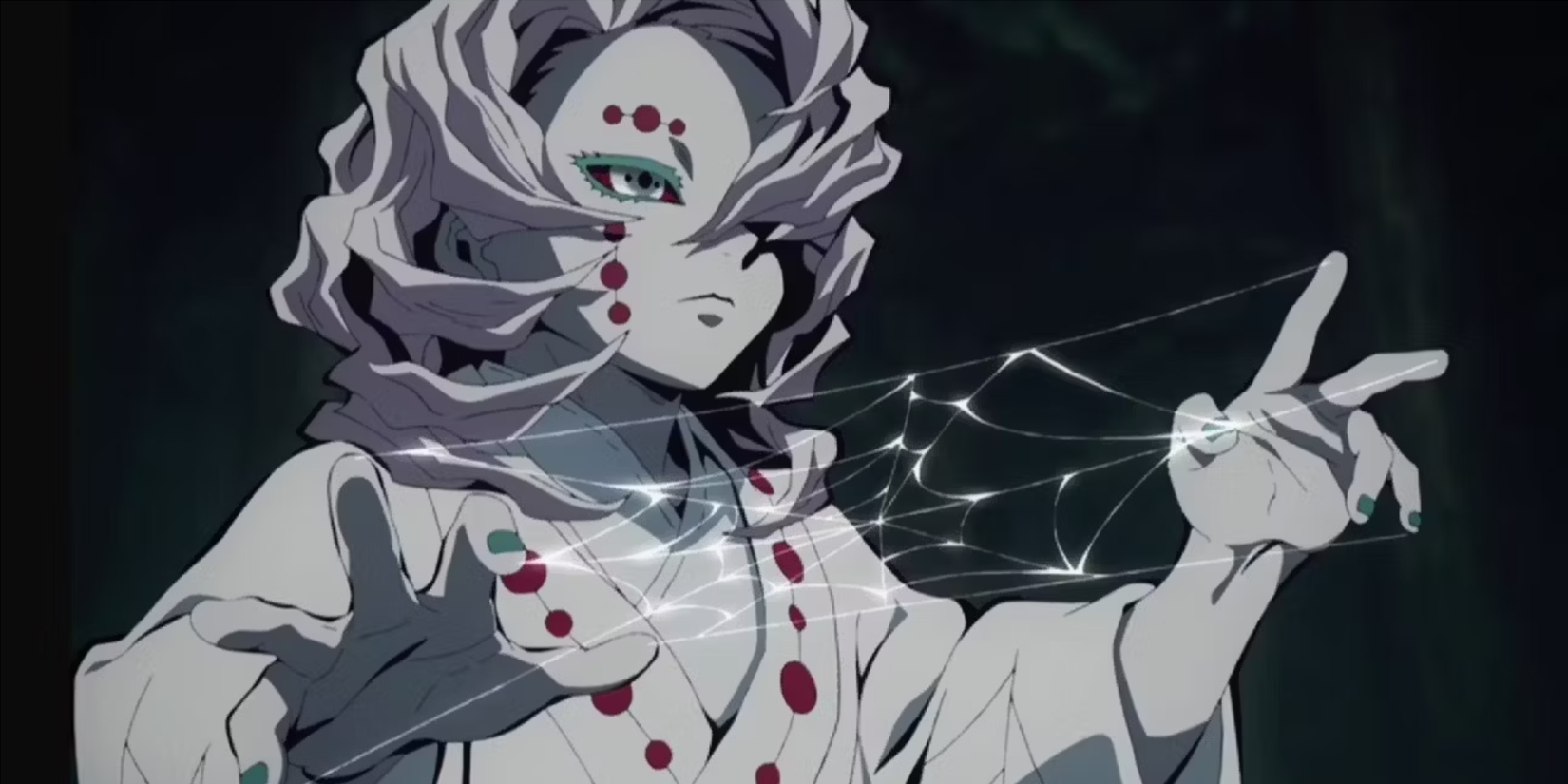 Rui of the Twelve Kizuki uses his Blood Demon Art against Tanjiro in Demon Slayer. 
