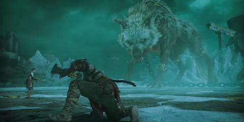 Kratos and Atreus face Garm in Hellheim.