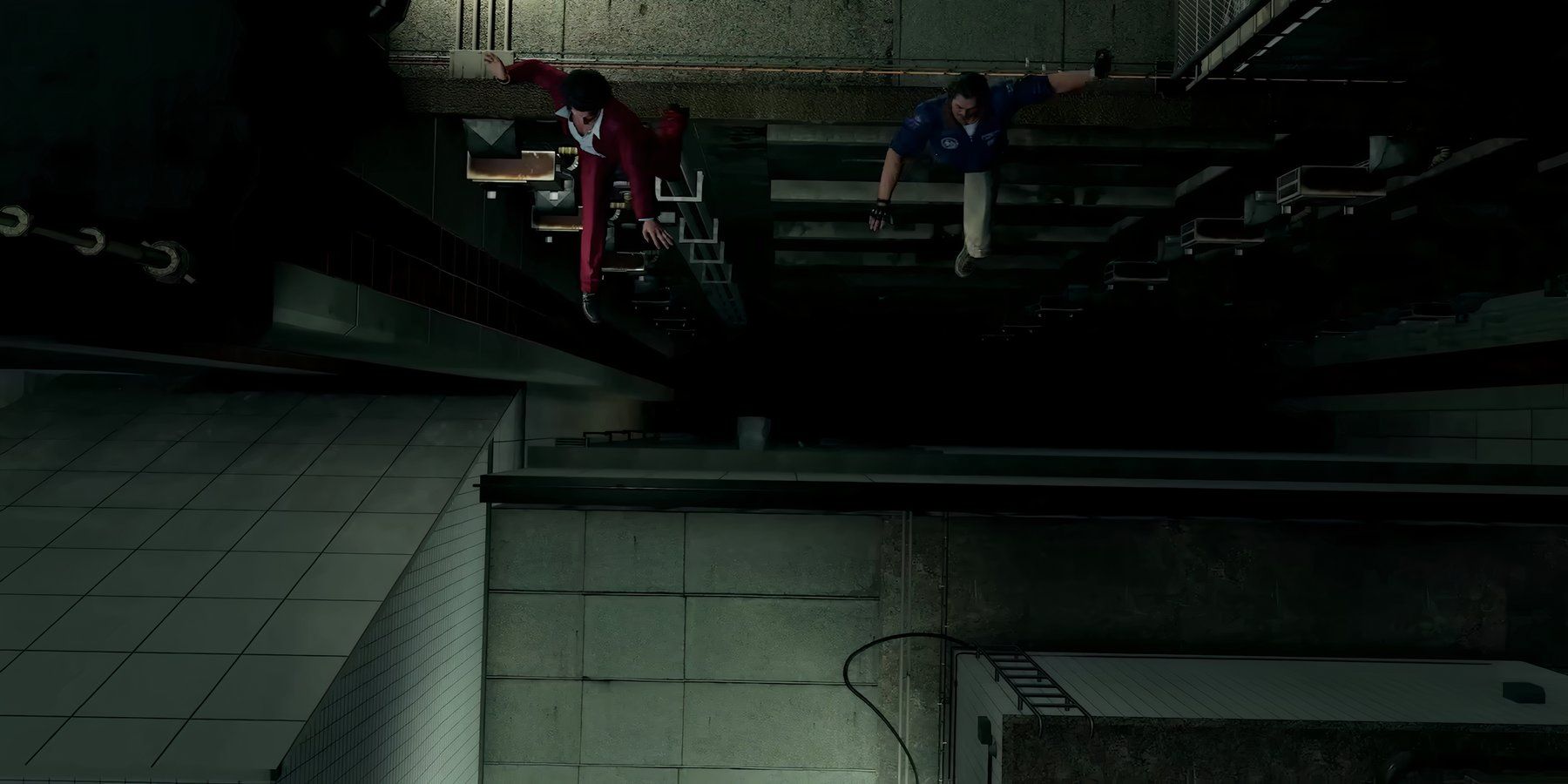 ichiban and adachi jumping across a roof