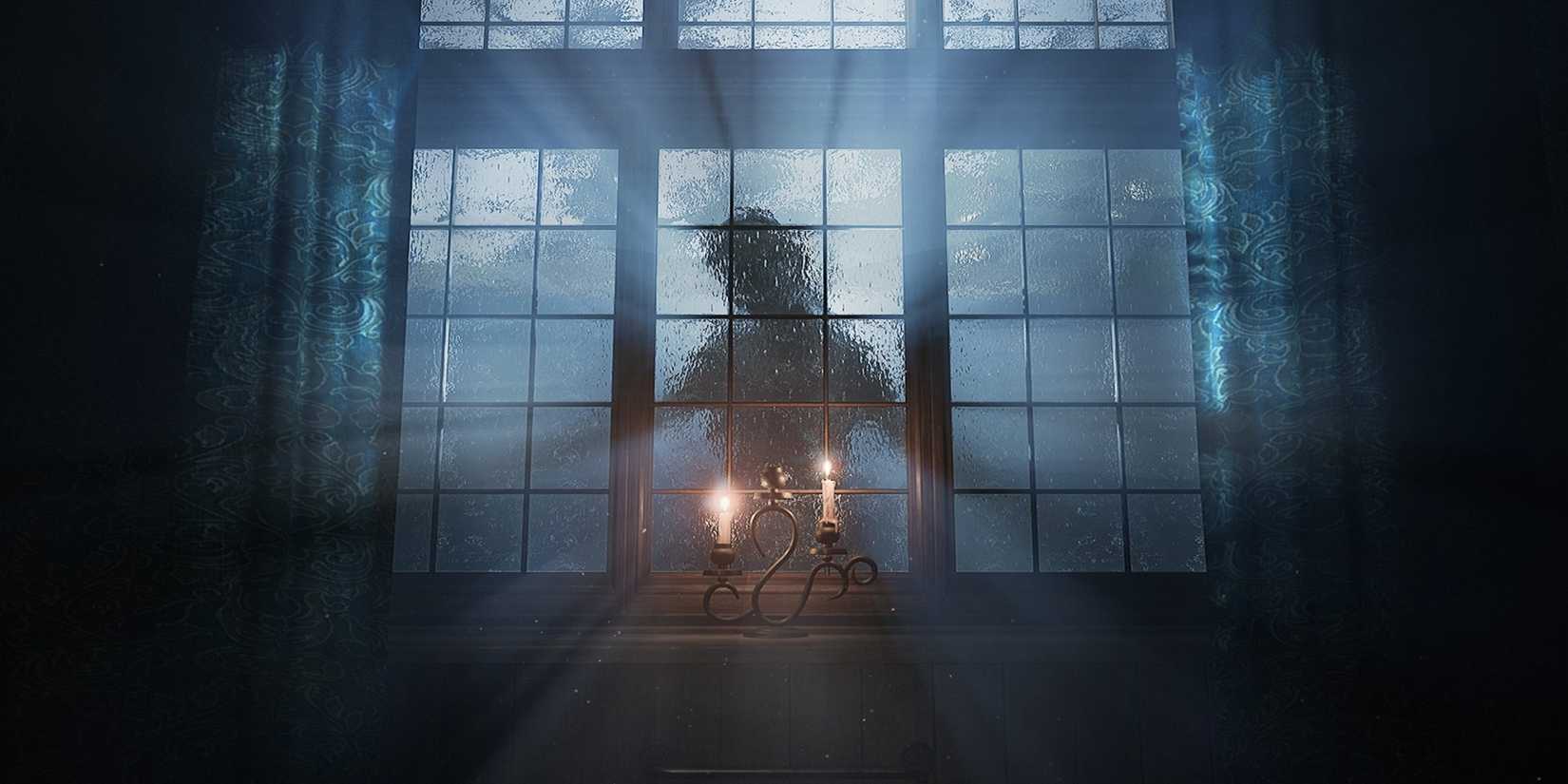 Stock of fear ghostly visage at the window