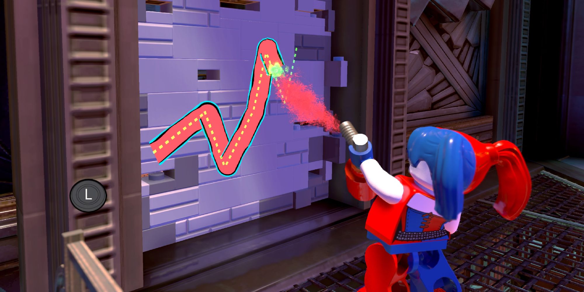 Harley Quinn using her spray in LEGO DC Super-Villains