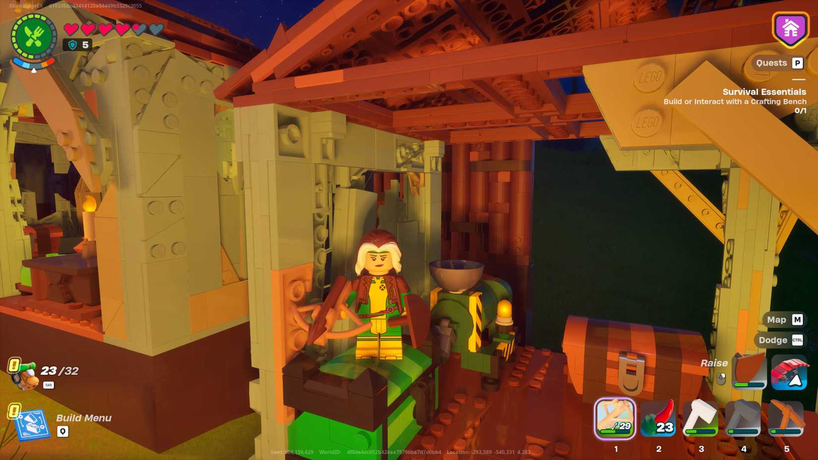 LEGO Fortnite Klomberries: LEGO Rogue is standing on top of a chest next to a grain mill.