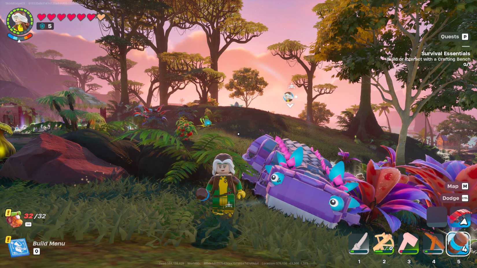 LEGO Fortnite Klomberries: LEGO Rogue is standing next to a Klombo dinosaur which is bending down to allow her to ride it.