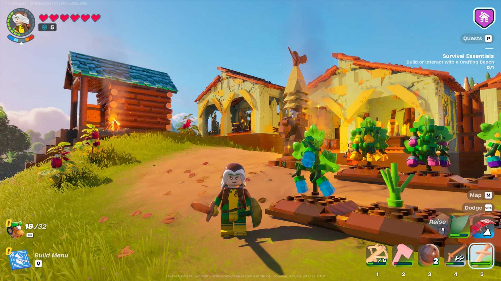 LEGO Fortnite Klomberries: Rogue in LEGO form is standing next to a Klomberry plant in her farm.