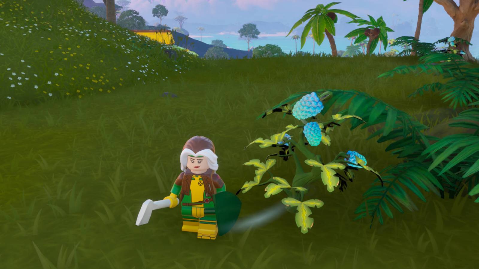 LEGO Fortnite Klomberries Rogue in LEGO form is standing next to a blue berry plant.