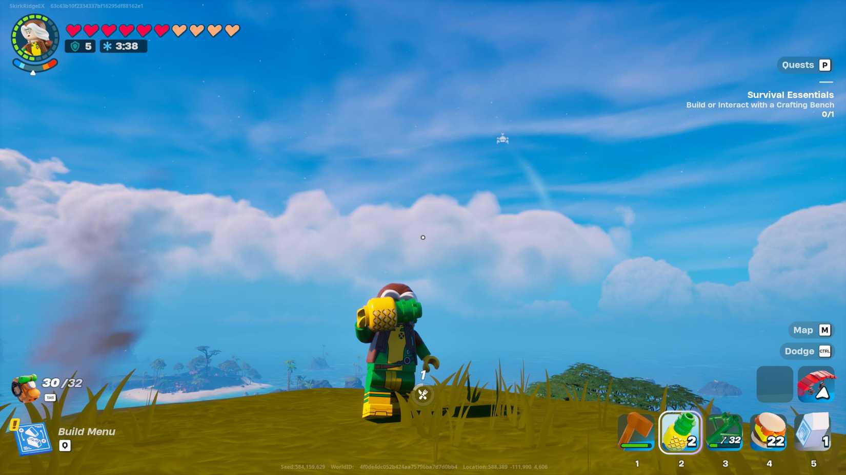 LEGO Fortnite pineapples: Rogue is now eating a pineapple at the top of a hill.