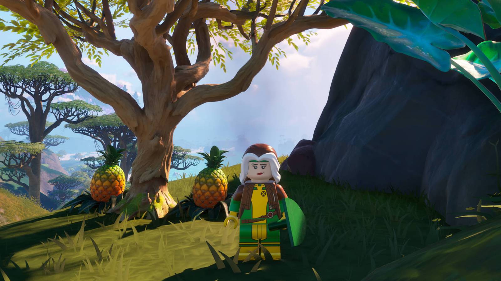 LEGO Fortnite Pineapples: Rogue is standing in front of a mahogany tree and two pineapples.