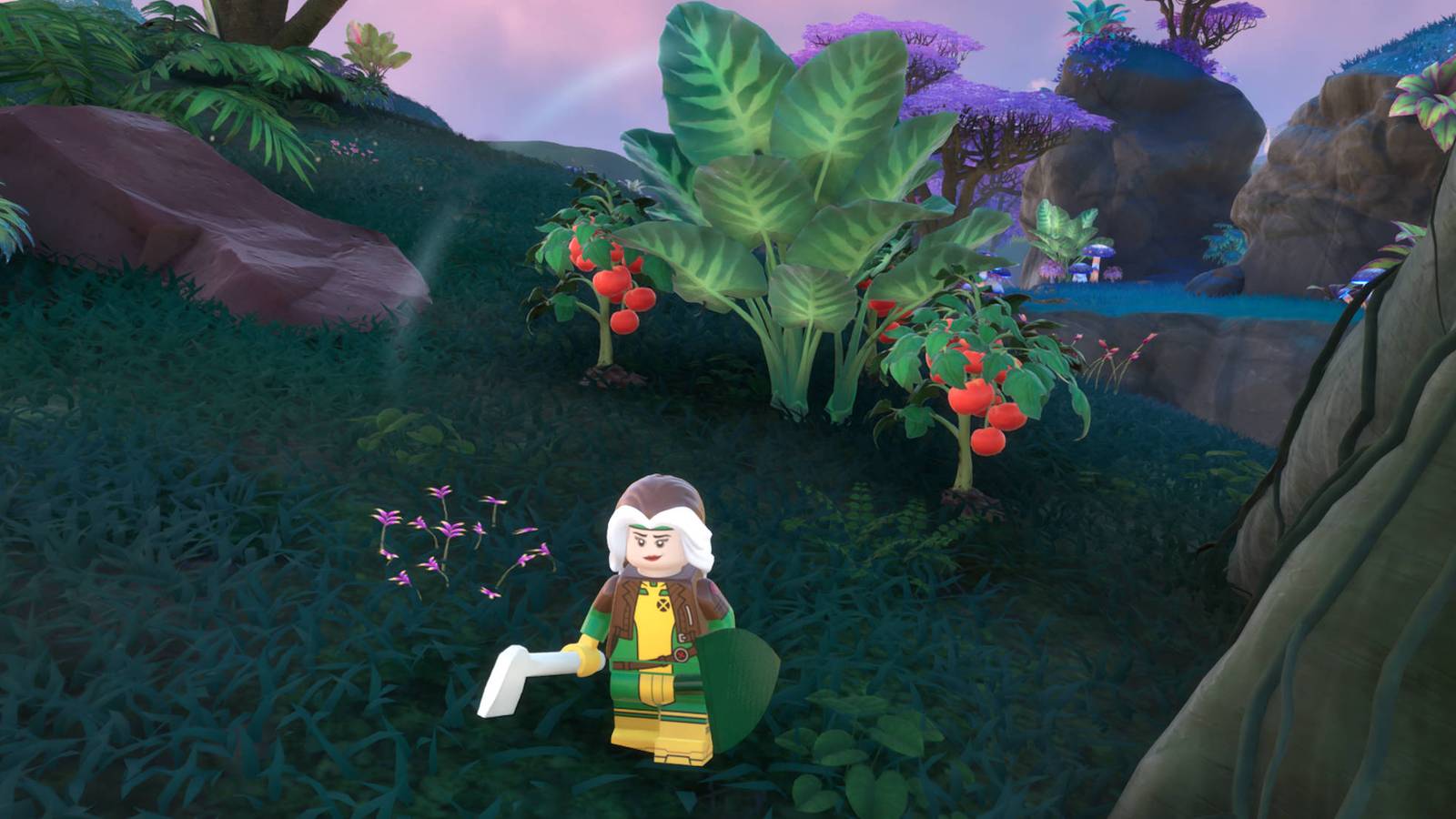 LEGO Fortnite Tomatoes: Rogue in LEGO form is standing next to a tomato plant.