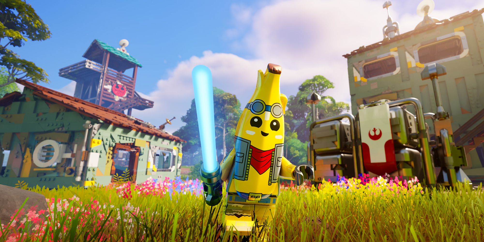 Peely holding a lightsaber in LEGO Fortnite