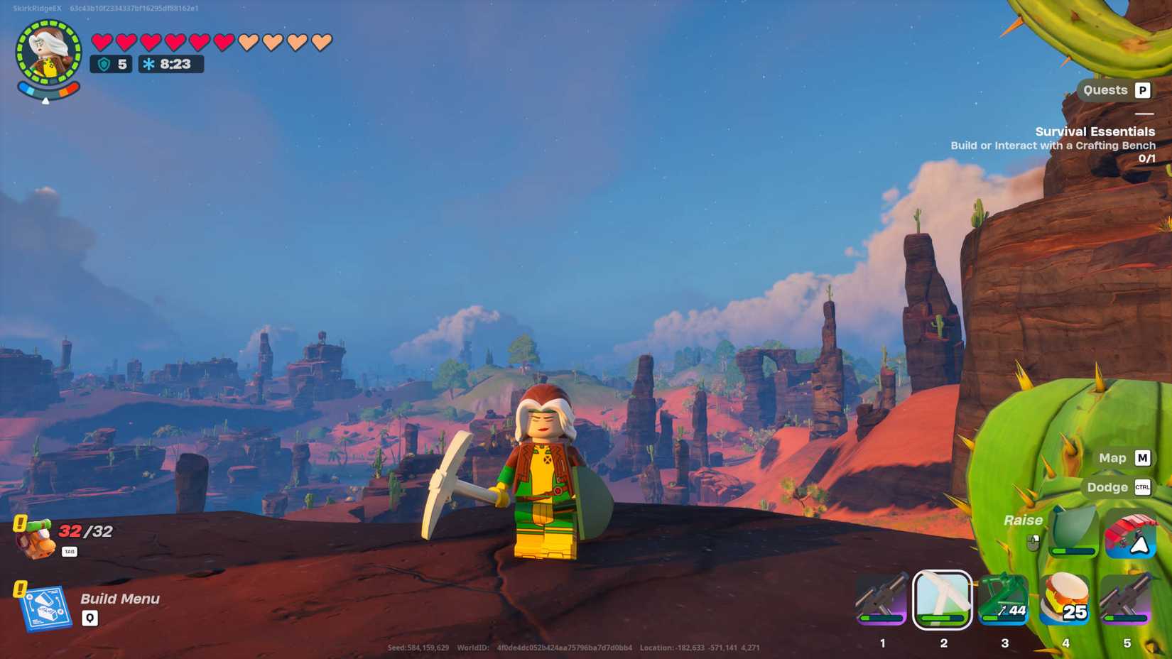 LEGO Fortnite biomes: Rogue is standing with a pickaxe in the morning sun while located in the Dry Valley.