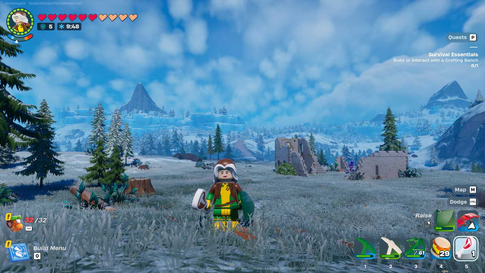 LEGO Fortnite biomes: Rogue is holding a piece of meat while standing in the grassy area of the Frostlands.