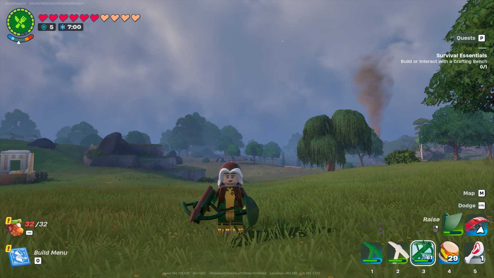 LEGO Fortnite biomes: Rogue is standing with a Recurve Bow in the grasslands. There is a fire nearby.