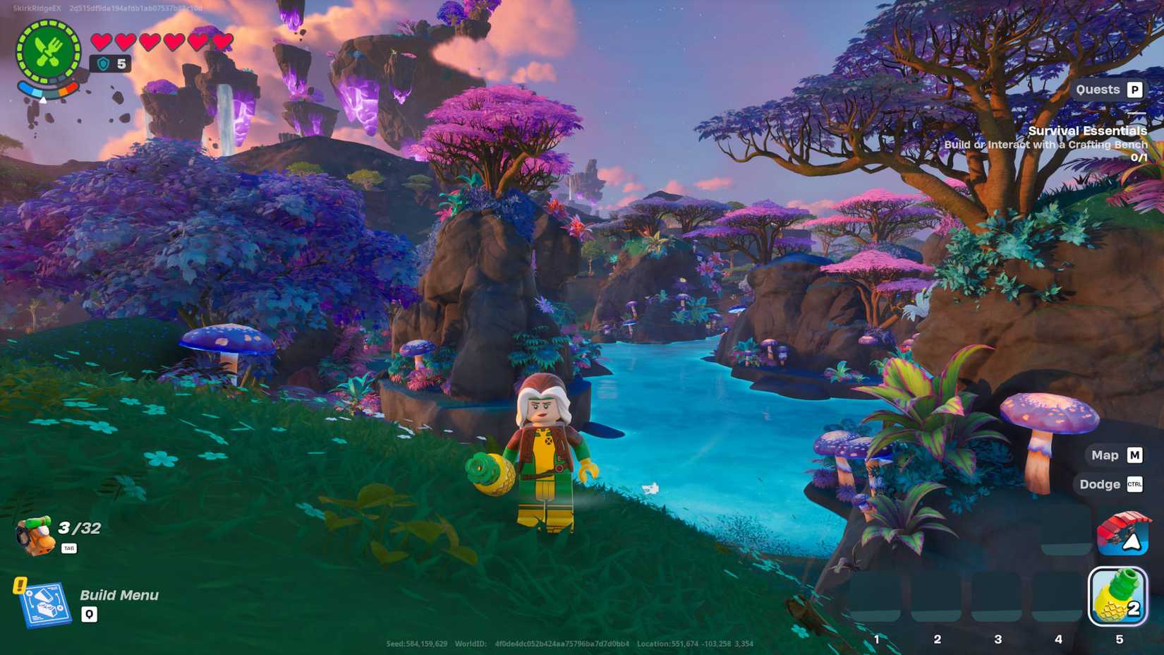 LEGO Fortnite biomes: Rogue is enjoying a pineapple next to a pond in the Lost Isles Jungle biome.