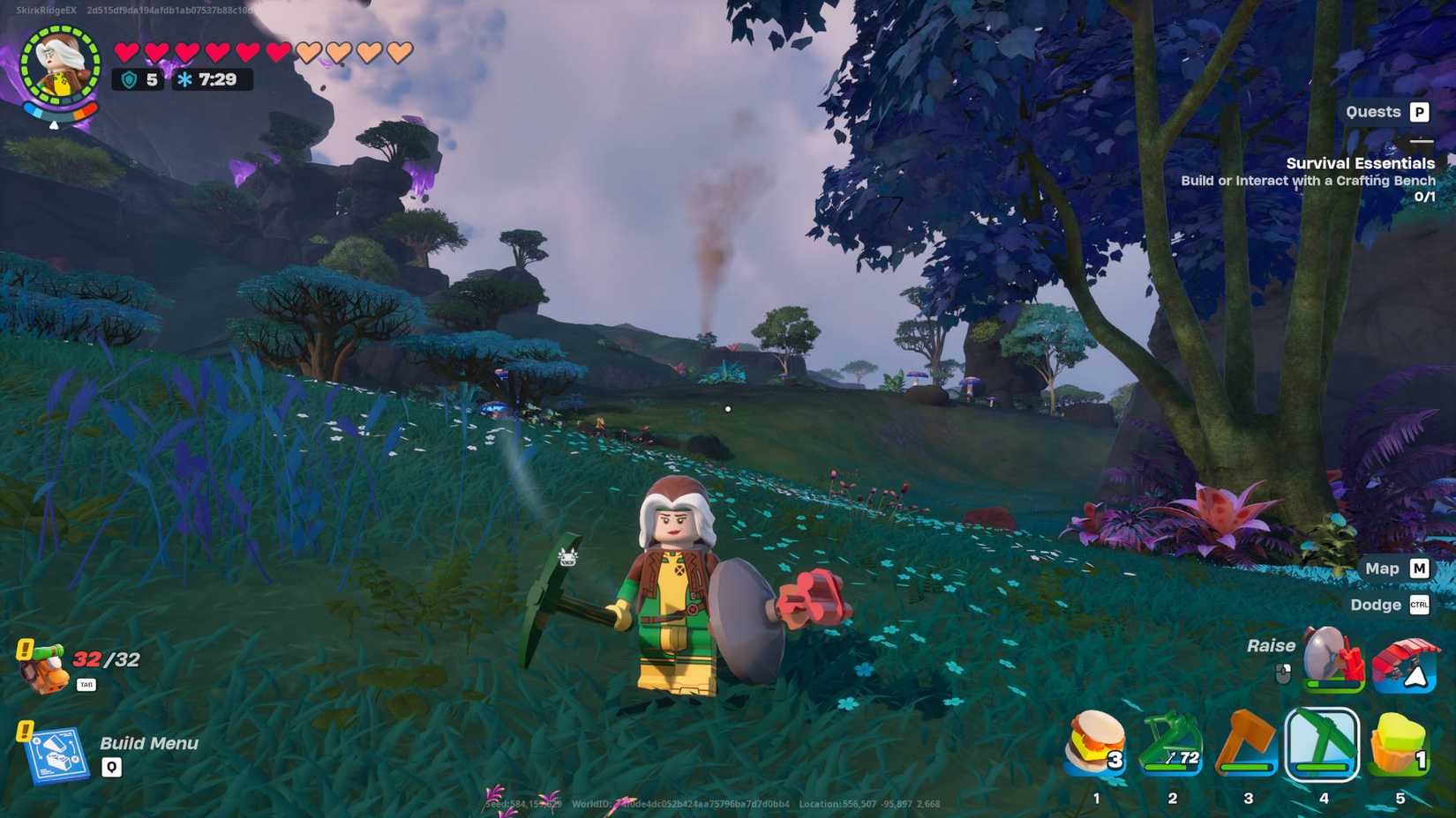 LEGO Fortnite biomes: Rogue is standing with a Boom Shield and a Pickaxe in the Lost Isles Plains.