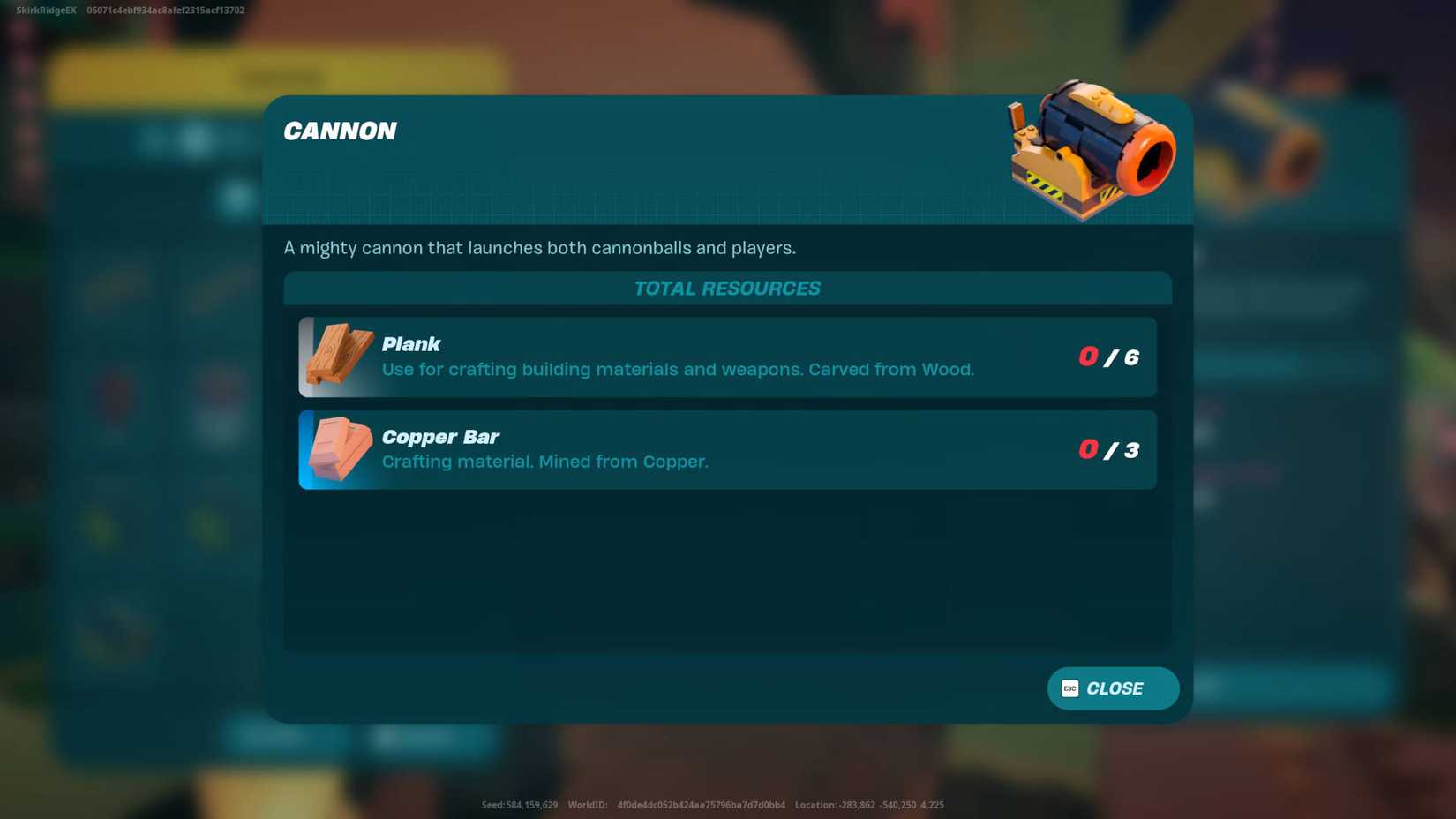 The LEGO Fortnite cannon recipe needs planks and copper bars.