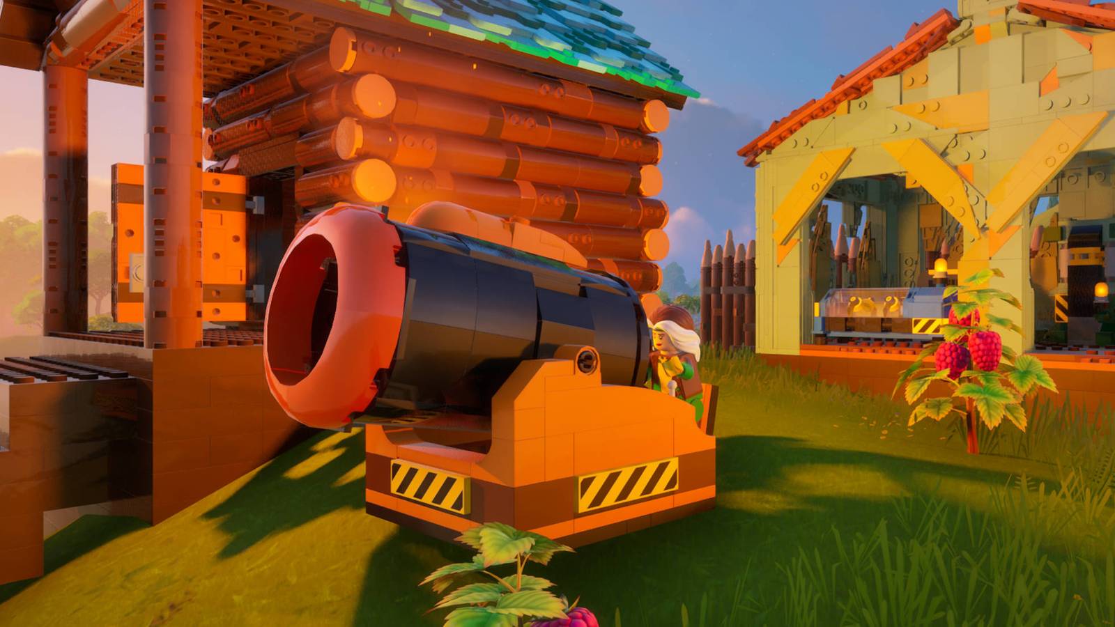 LEGO Fortnite cannon: Rogue is sat and aiming a cannon at a target offscreen.