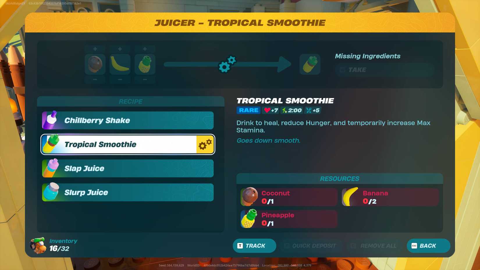 LEGO Fortnite Coconuts: the recipe screen for the Tropical Smoothie at the juicer.