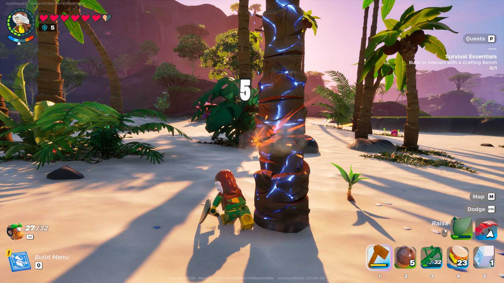LEGO Fortnite Coconuts: Rogue is chopping down a palm tree on a beach.