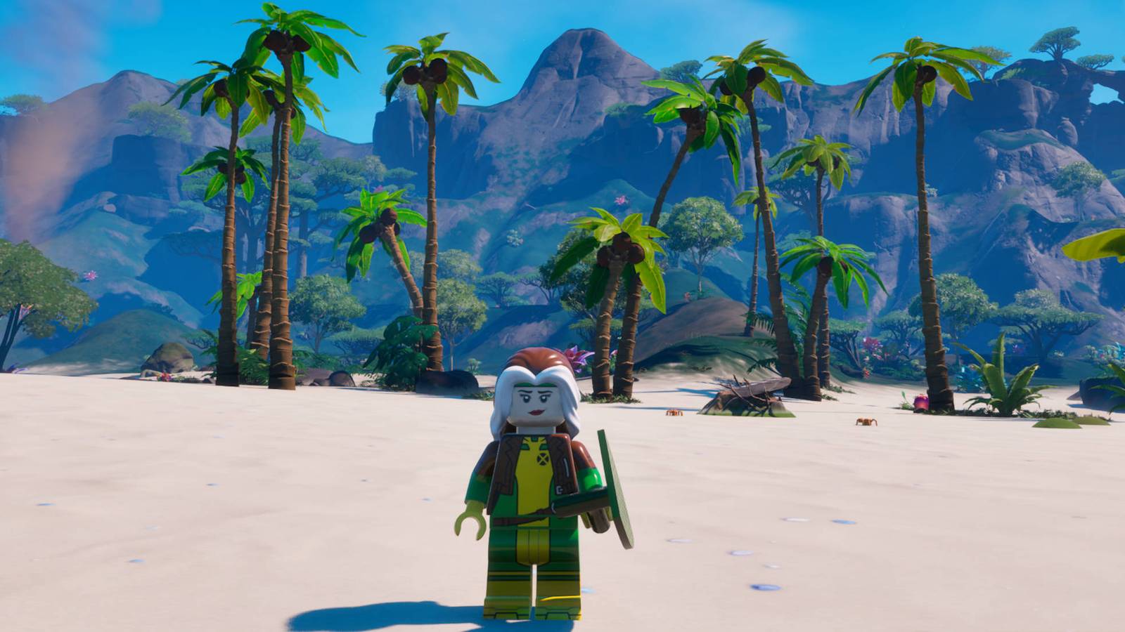LEGO Fortnite Coconuts: Rogue is standing with a shield near some palm trees.