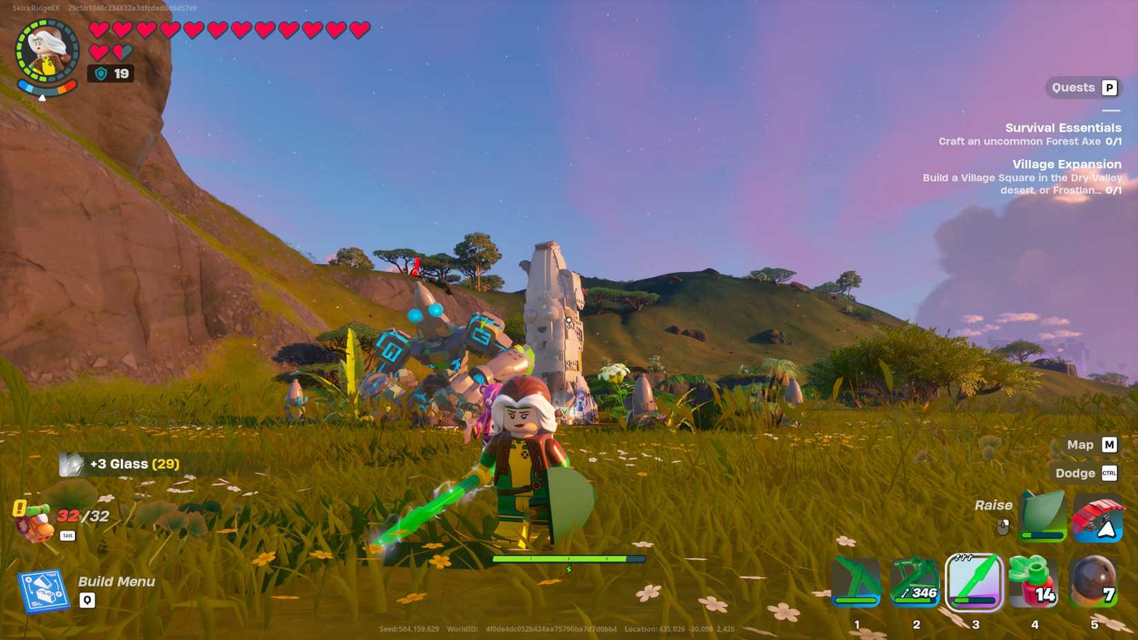 LEGO Fortnite Golems: A Golem is rising from near a statue in the Lost Isles plains.